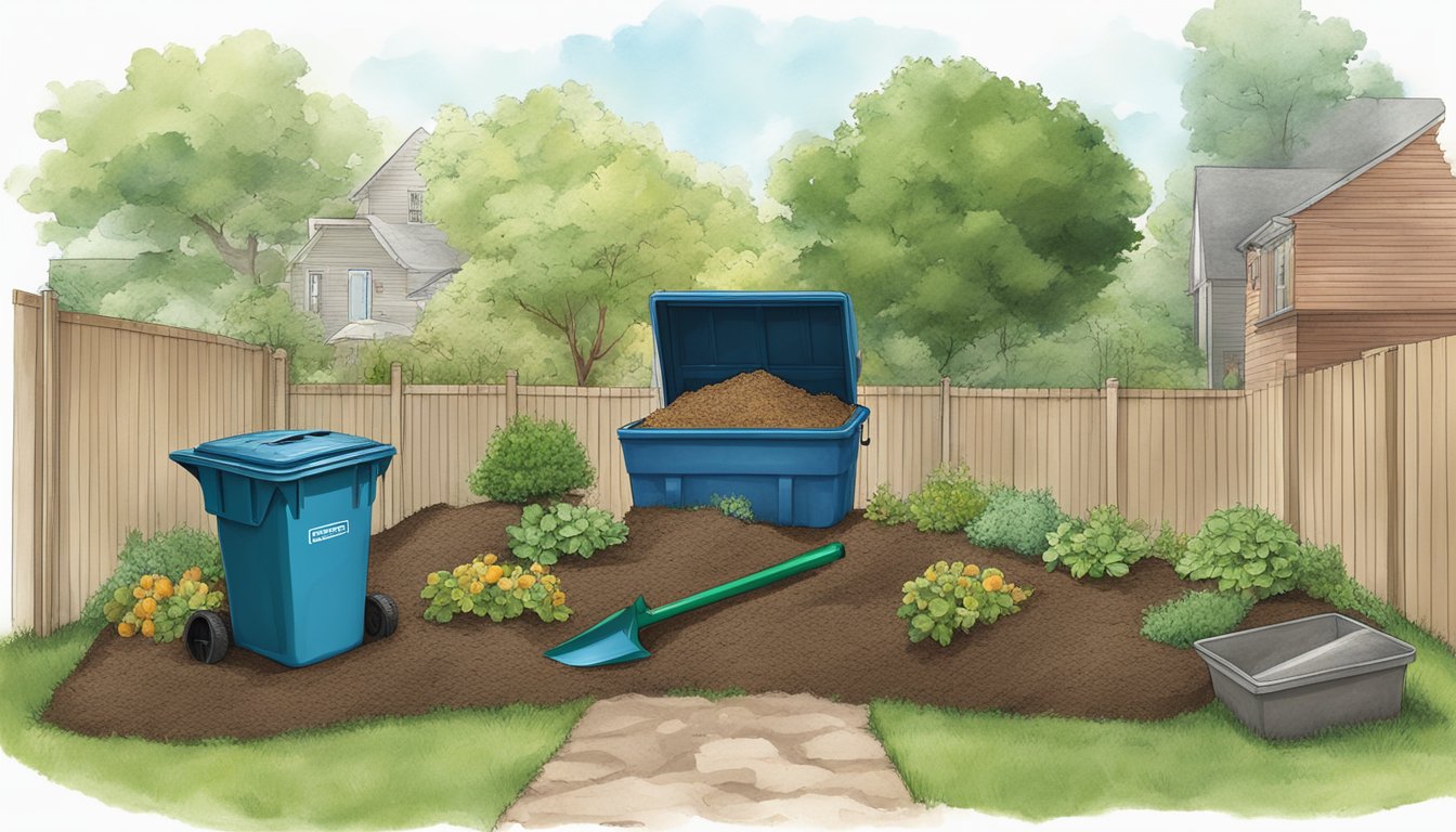 A backyard in St. Louis, Missouri with a compost bin, shovel, and various organic waste materials being layered inside