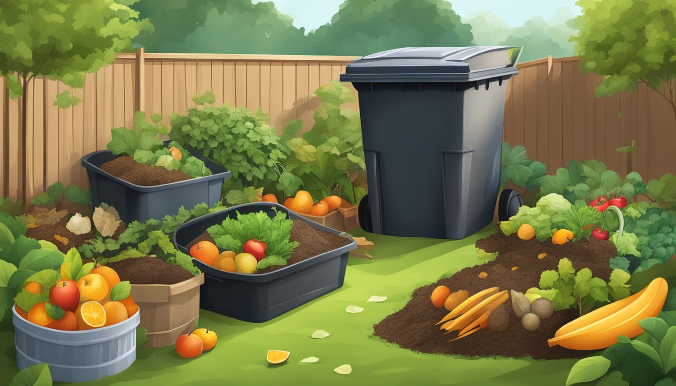 A backyard compost area with bins, a shovel, and various organic materials such as fruit and vegetable scraps, leaves, and grass clippings