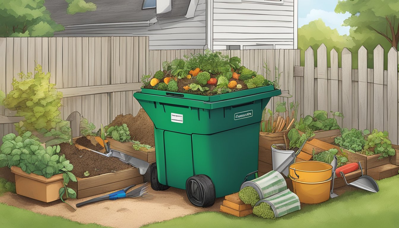 A backyard compost bin surrounded by organic waste, gardening tools, and a guidebook in St. Louis, MO