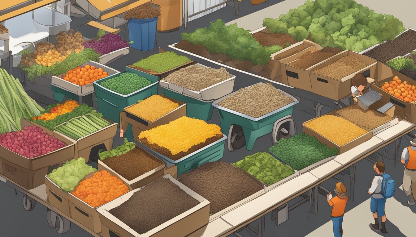 A bustling farmer's market with diverse composting materials being sorted into labeled bins