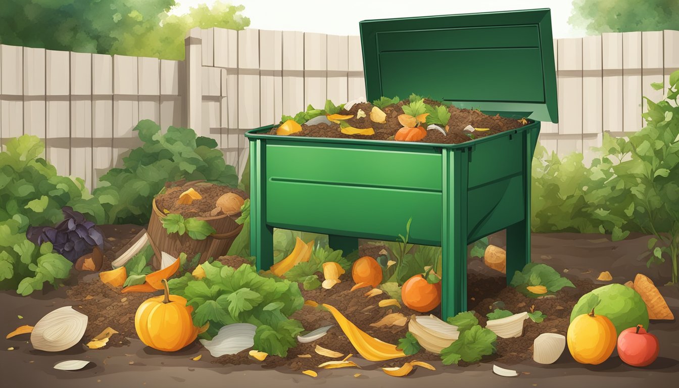 A backyard compost bin surrounded by a variety of organic waste materials, including fruit peels, vegetable scraps, and yard clippings