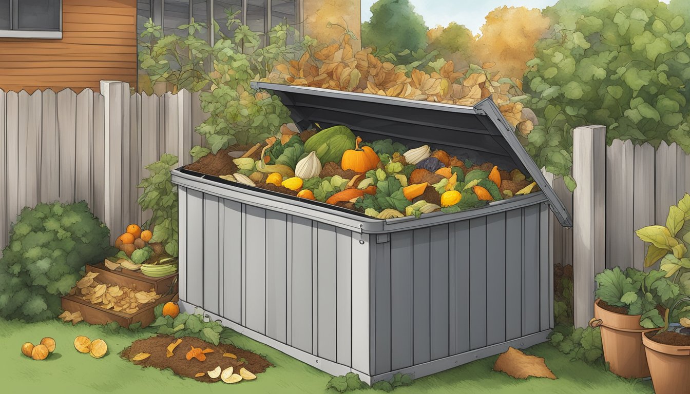 A backyard compost bin surrounded by various organic materials such as fruit peels, vegetable scraps, and yard waste in Raleigh, NC