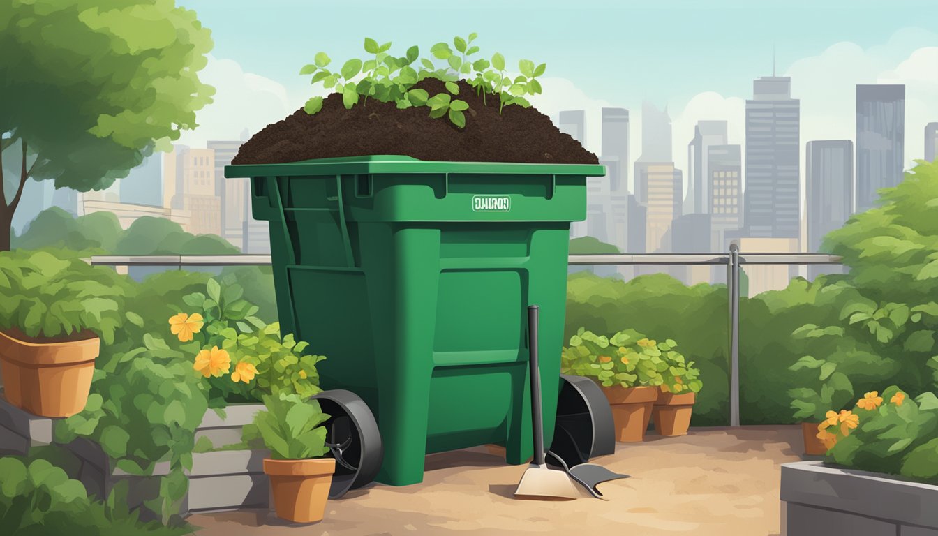 A backyard compost bin surrounded by greenery and a small shovel, with a city skyline in the background