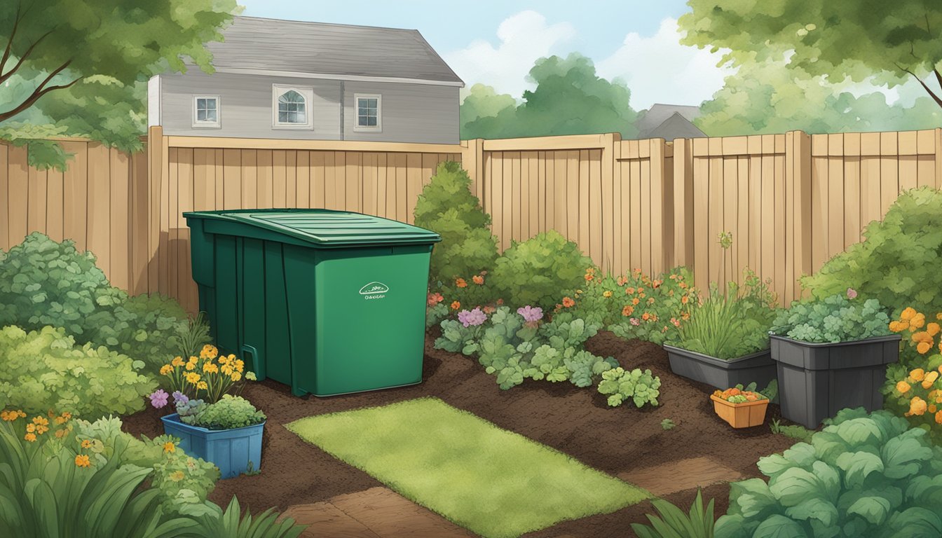 A lush backyard garden in St. Louis, Missouri, with a compost bin, vegetable scraps, and a variety of compostable materials