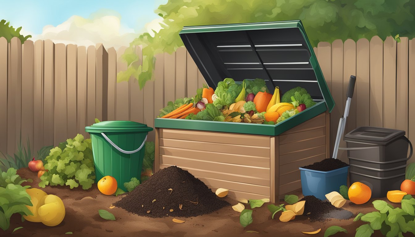 A backyard compost bin surrounded by a variety of organic waste, including fruit and vegetable scraps, coffee grounds, and yard trimmings