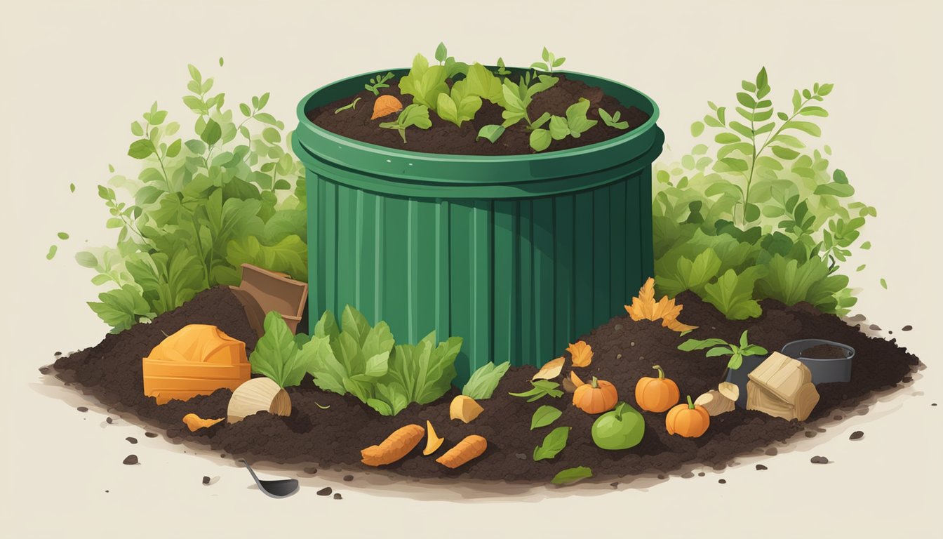 A backyard compost bin surrounded by greenery, with a shovel and a pile of food scraps and yard waste nearby