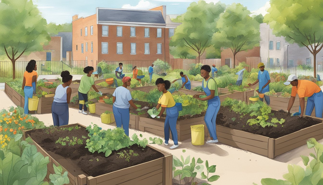 A diverse group of people in St. Louis, MO are working together to compost in a community garden, surrounded by greenery and composting bins