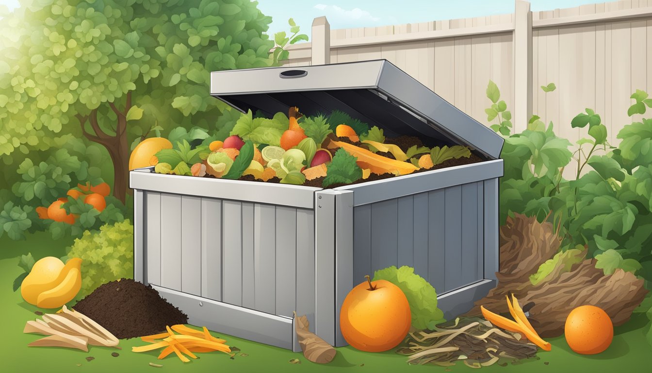 A backyard compost bin surrounded by a variety of organic waste, such as fruit peels, vegetable scraps, and yard clippings