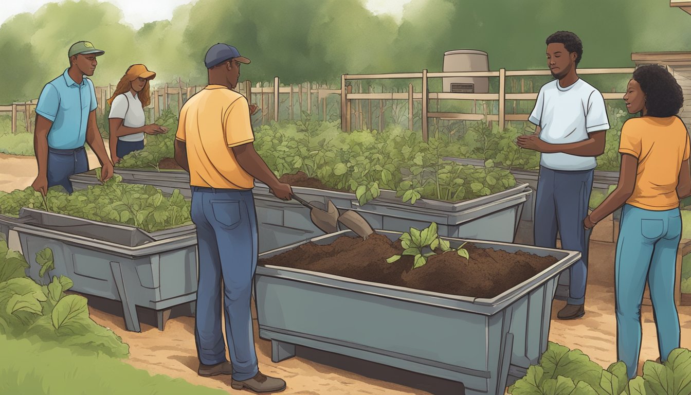 A group of people in Concord, NC, are seen composting in their community garden under the guidance of local regulations