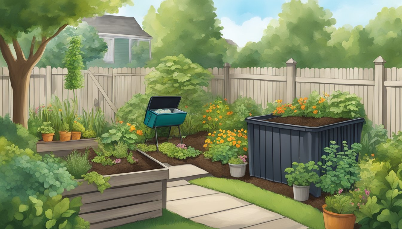 A backyard garden in St. Louis, Missouri with a compost bin, surrounded by greenery and filled with various organic waste material