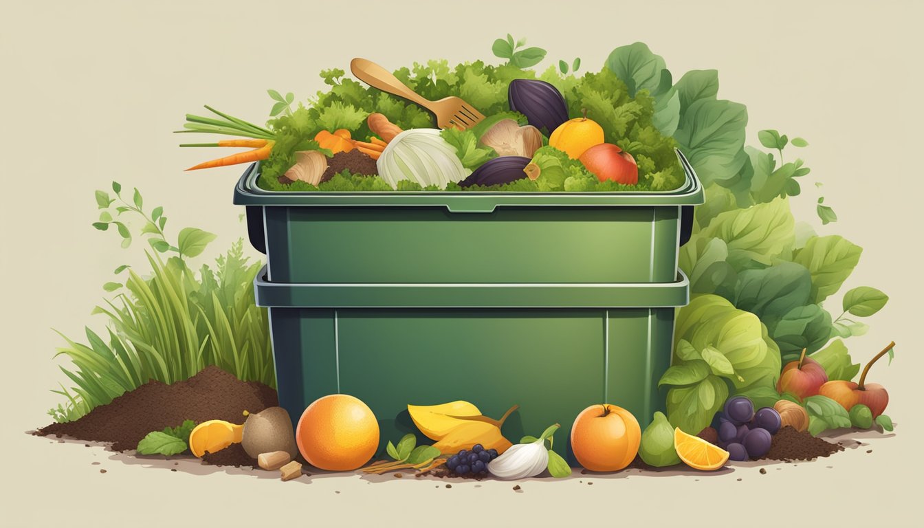 A backyard compost bin surrounded by a variety of organic waste, including fruit and vegetable scraps, leaves, and grass clippings. A shovel and pitchfork are nearby for turning the compost