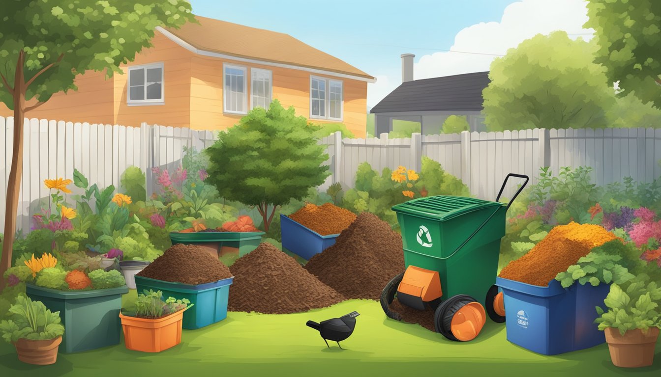 A colorful backyard with a compost bin, garden tools, and various organic waste being added to the pile