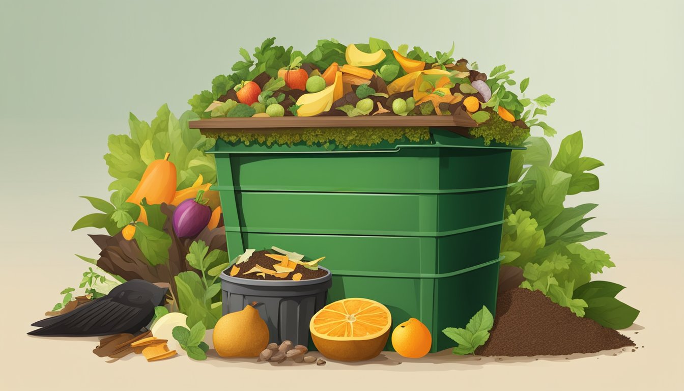 A backyard compost bin surrounded by a variety of organic waste materials, such as fruit peels, vegetable scraps, and yard clippings, with a mix of brown and green materials