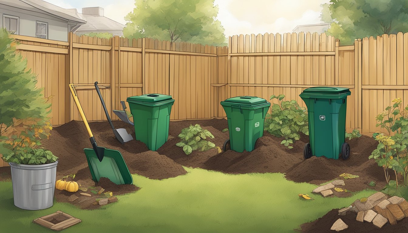 A backyard in Fargo, ND with a compost bin, shovel, and various organic waste materials spread out for setting up a composting system