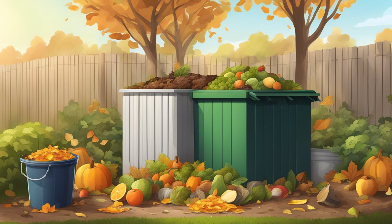 A backyard with a compost bin surrounded by a variety of organic waste, such as fruit peels, vegetable scraps, and fallen leaves