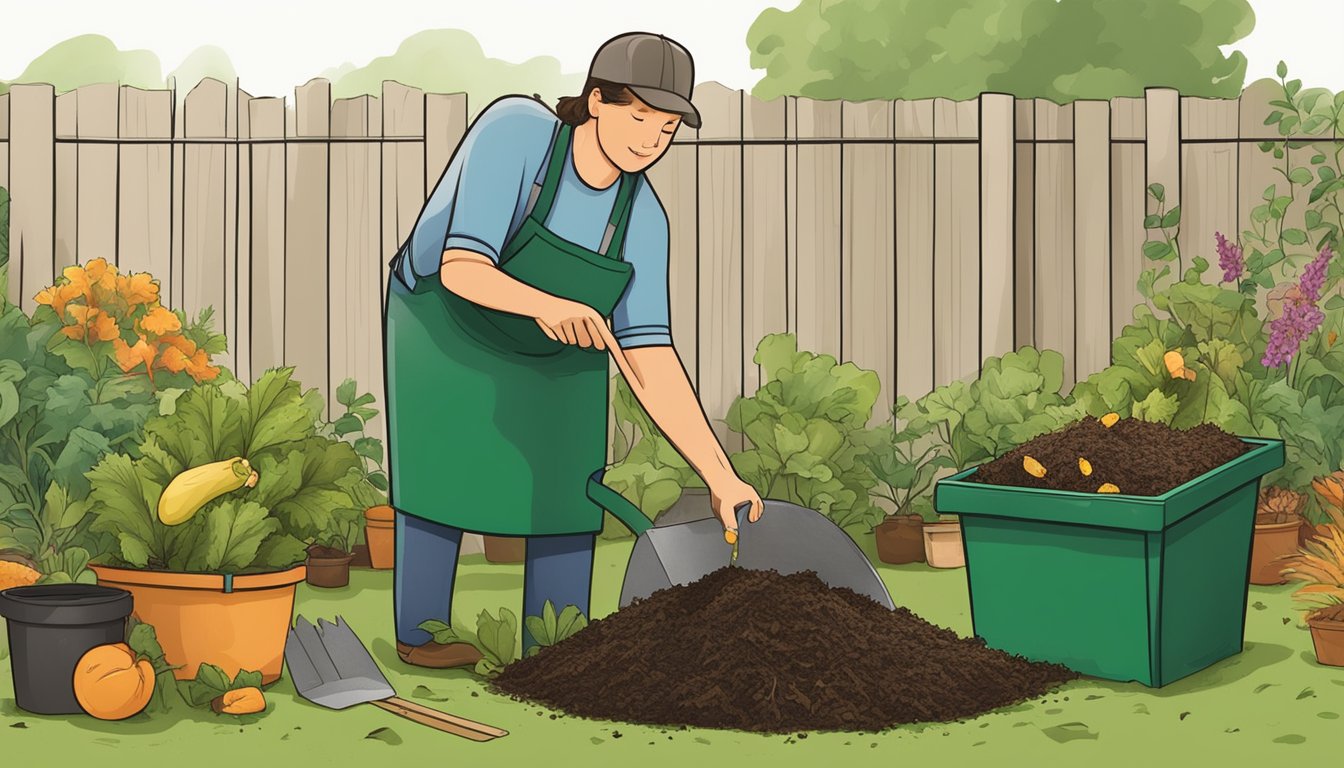 A person placing food scraps and yard waste into a compost bin in a backyard garden