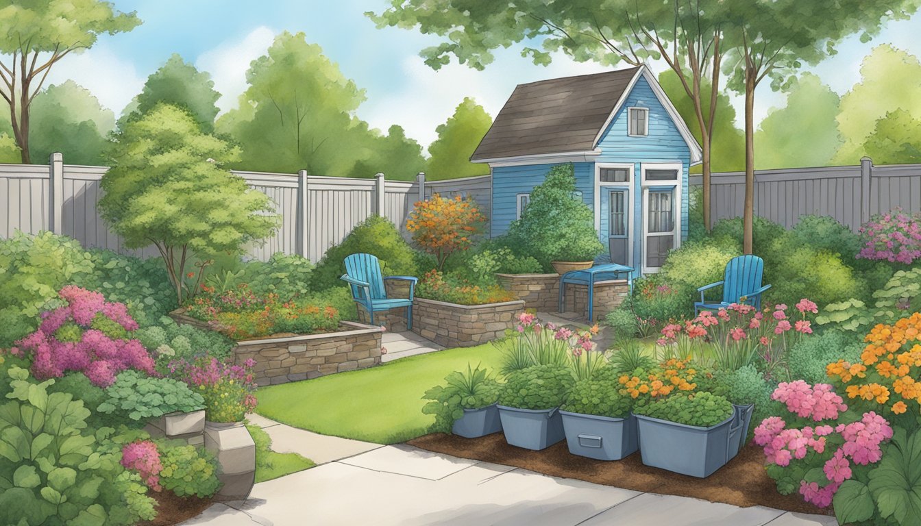 A lush backyard garden in Cary, NC, with a compost bin, diverse plant life, and a clear blue sky