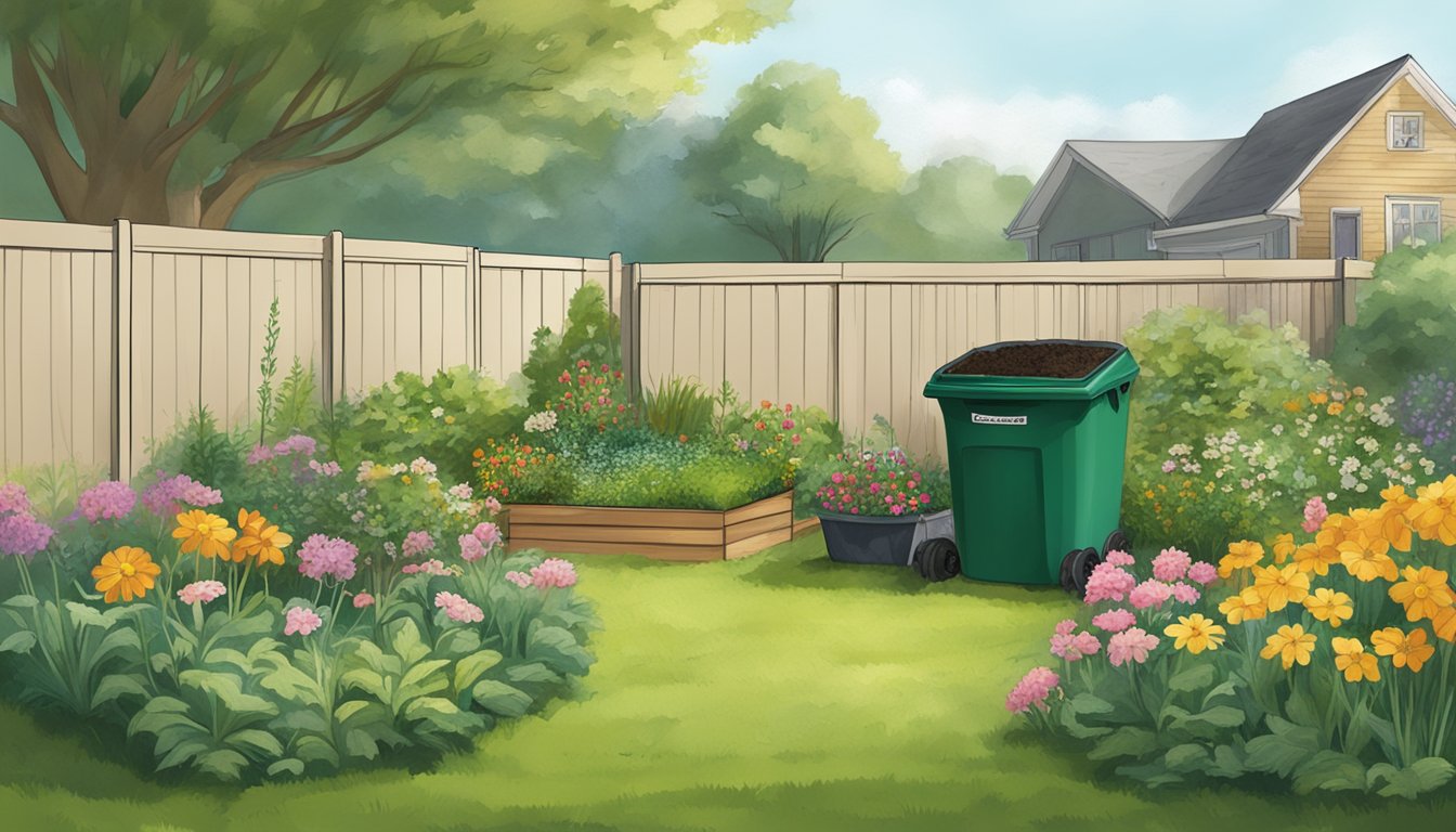 A backyard in Greensboro with a compost bin, surrounded by grass, flowers, and a small vegetable garden