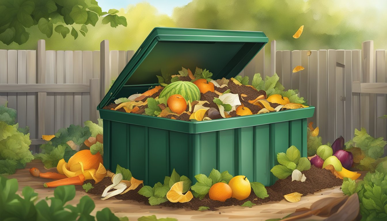 A backyard compost bin surrounded by a variety of organic waste, including fruit peels, vegetable scraps, and yard clippings