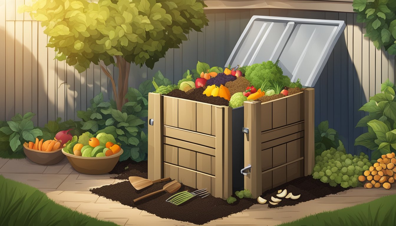 A backyard compost bin surrounded by a variety of organic materials such as fruit and vegetable scraps, leaves, and grass clippings. A shovel and pitchfork are nearby for turning and managing the compost