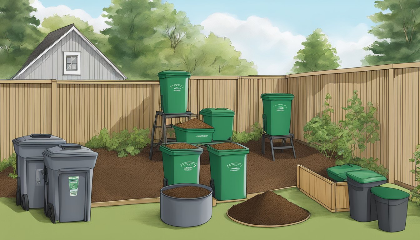 A backyard composting setup with bins, tumblers, and a variety of organic materials in Fargo, ND