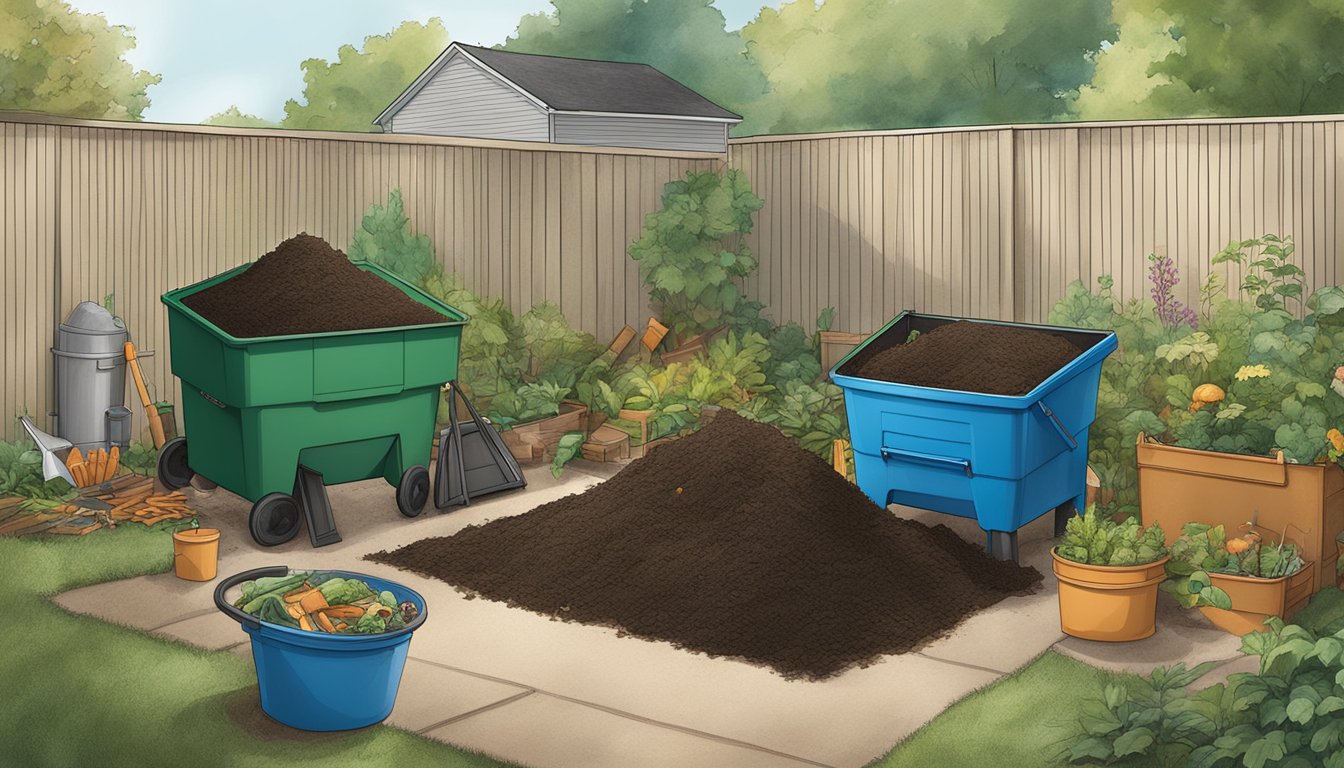 A backyard in Greensboro, NC with a compost bin, garden tools, and various organic waste materials being sorted and added to the compost pile