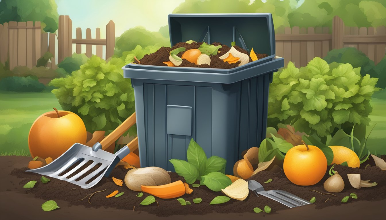 A backyard compost bin surrounded by a variety of organic waste materials, such as fruit peels, vegetable scraps, and yard clippings, with a shovel and gardening gloves nearby