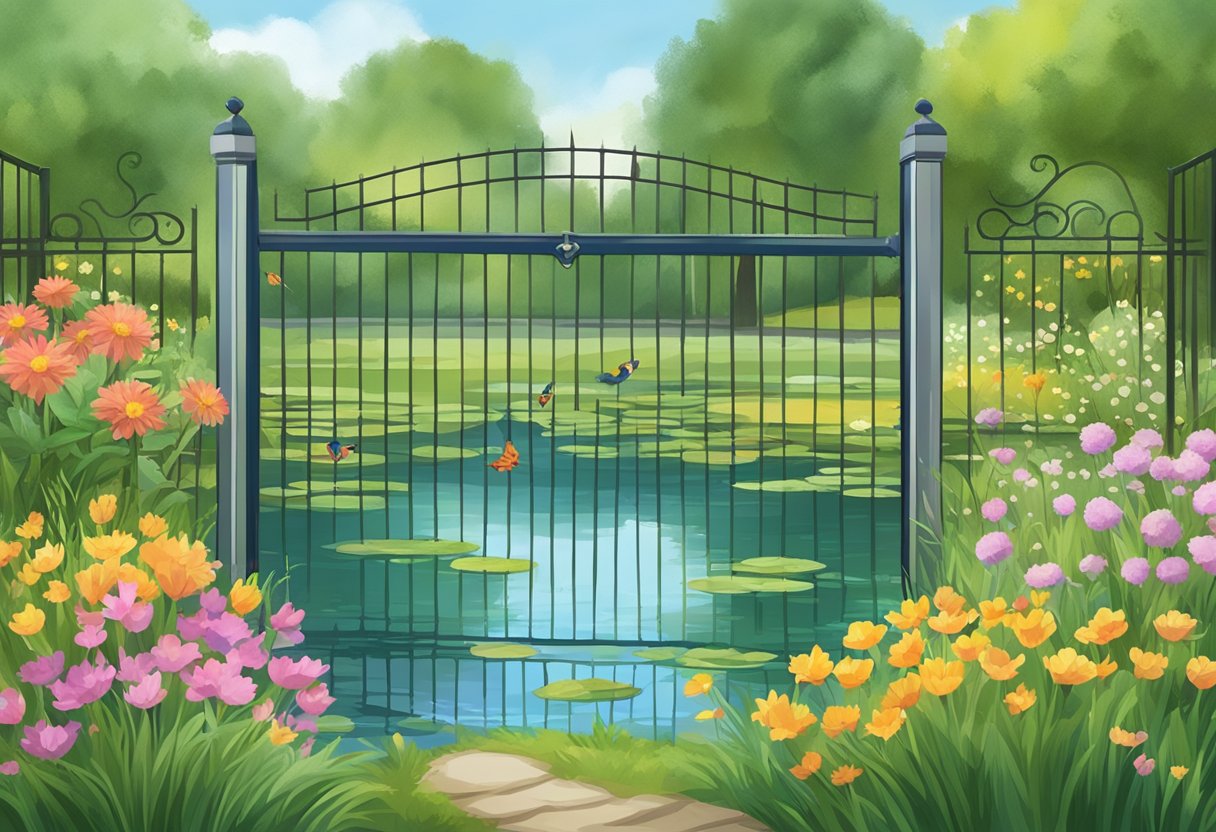 A fenced pond with a sturdy gate, surrounded by soft grass and colorful flowers, with a clear "no diving" sign posted nearby