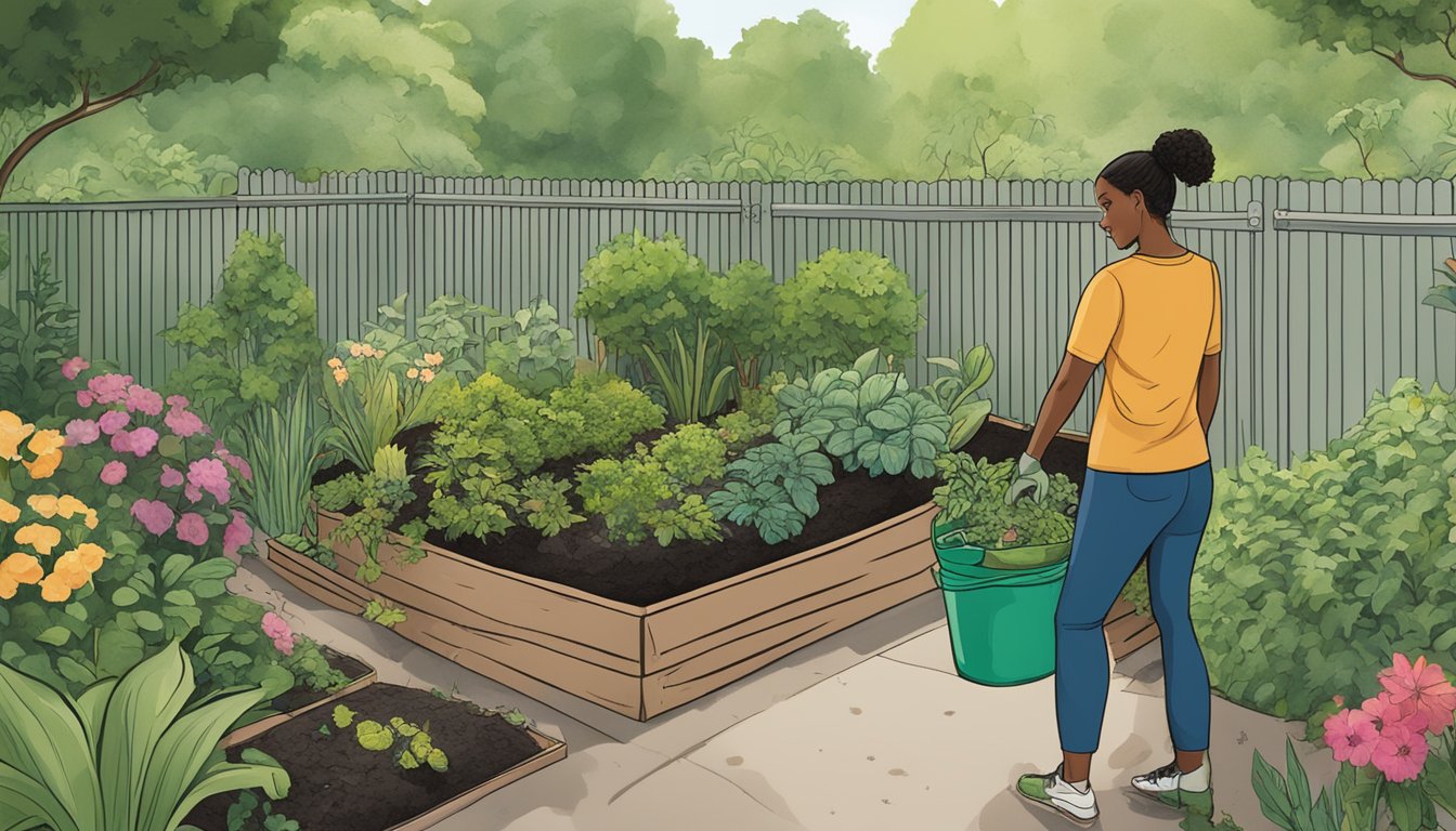 A lush garden in Greensboro, NC with a compost bin, various plants, and a person tending to the soil