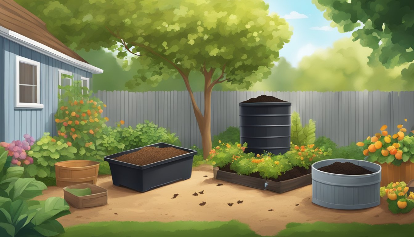 A backyard with a compost bin, shovel, and various organic materials like fruit peels and leaves. A small garden with thriving plants in the background