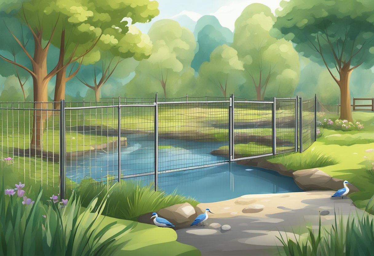 A pond with a secure fence, childproof gate, and clear warning signs. Smooth, shallow edges and no sharp objects. Safe play area nearby