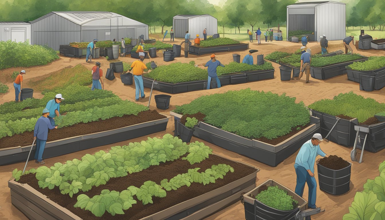 A bustling composting site in Greensboro, NC, with people turning and mixing organic waste, and rows of composting bins surrounded by lush greenery