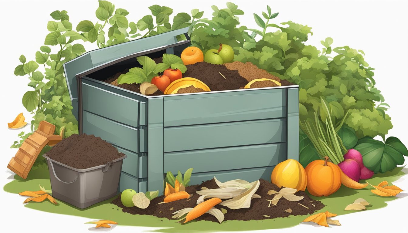 A backyard compost bin surrounded by various organic materials such as fruit peels, vegetable scraps, and yard waste. A shovel and gardening gloves sit nearby