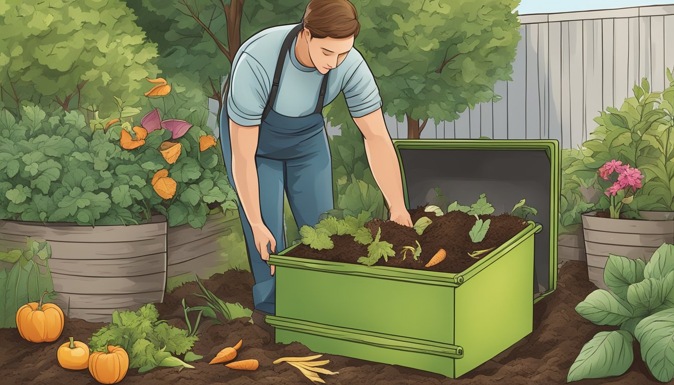 A person placing food scraps and yard waste into a compost bin in a backyard garden