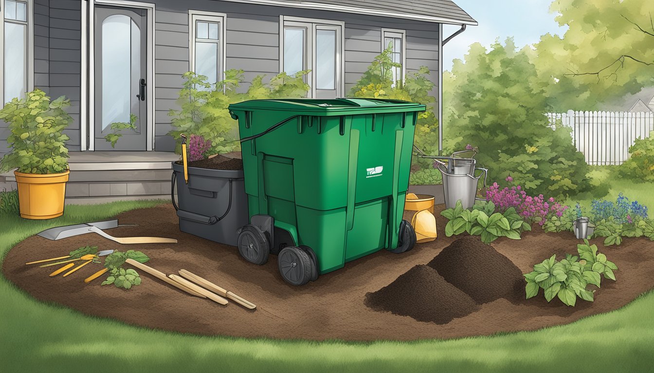 A backyard in Manchester, NH with a compost bin, garden tools, and a variety of organic waste materials ready to be added to the compost system