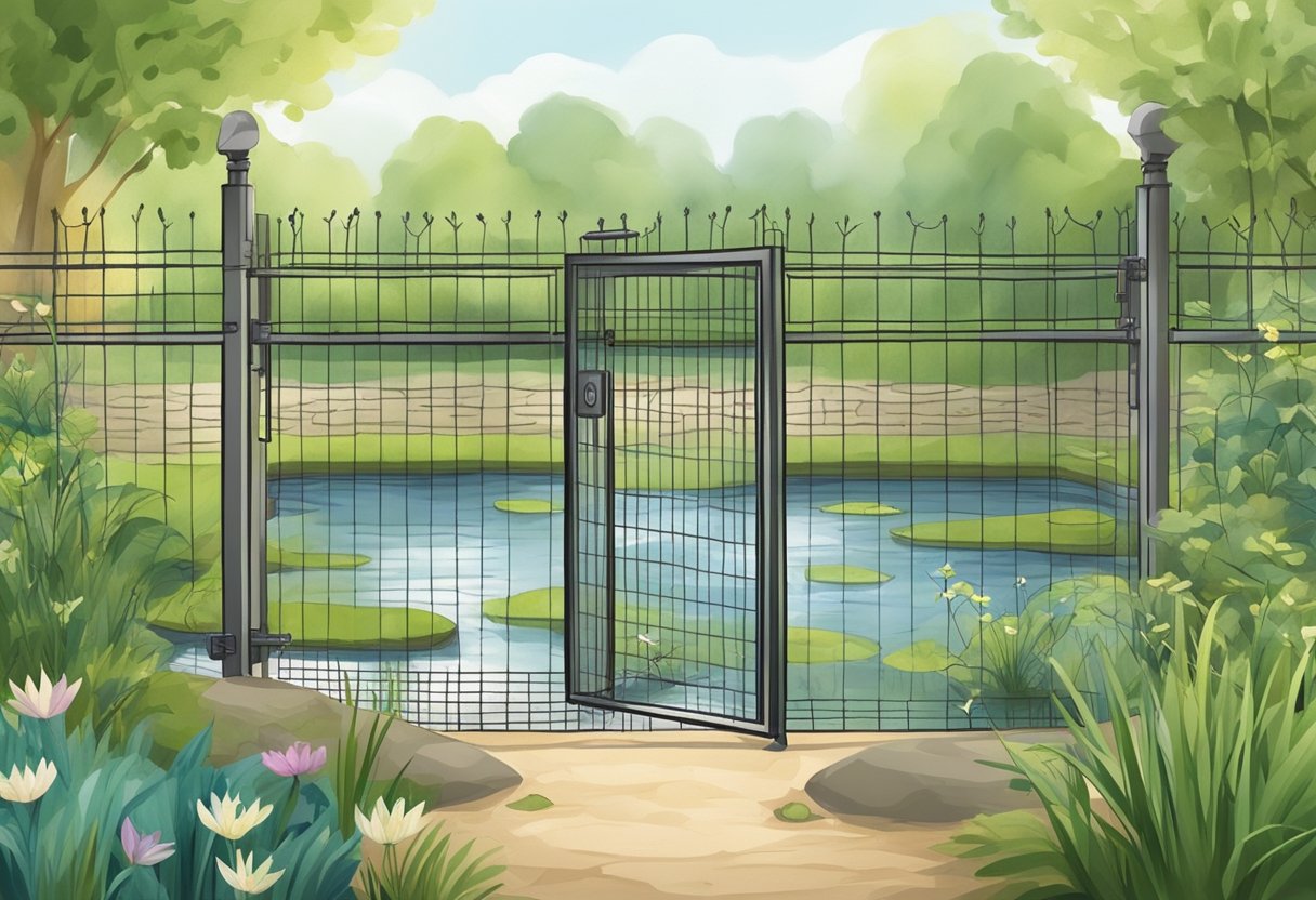 A fenced pond with a locked gate, childproofed with safety netting and shallow water, surrounded by soft, non-slippery ground and child-friendly plants