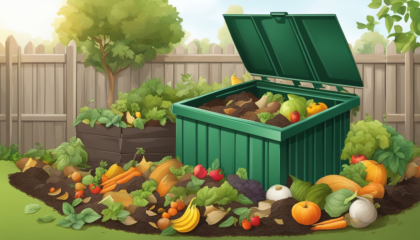 A backyard compost bin surrounded by a variety of organic waste, including fruit and vegetable scraps, coffee grounds, and yard trimmings