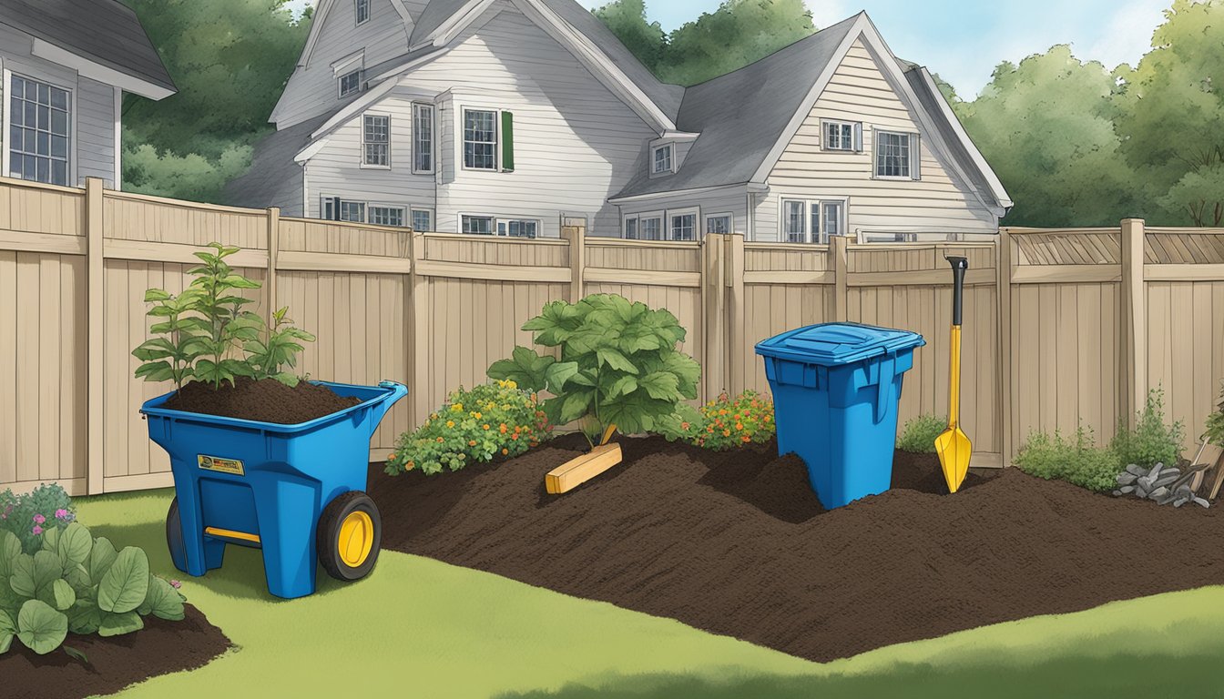 A backyard in Manchester, NH with a compost bin, garden tools, and a variety of organic materials being added to the pile