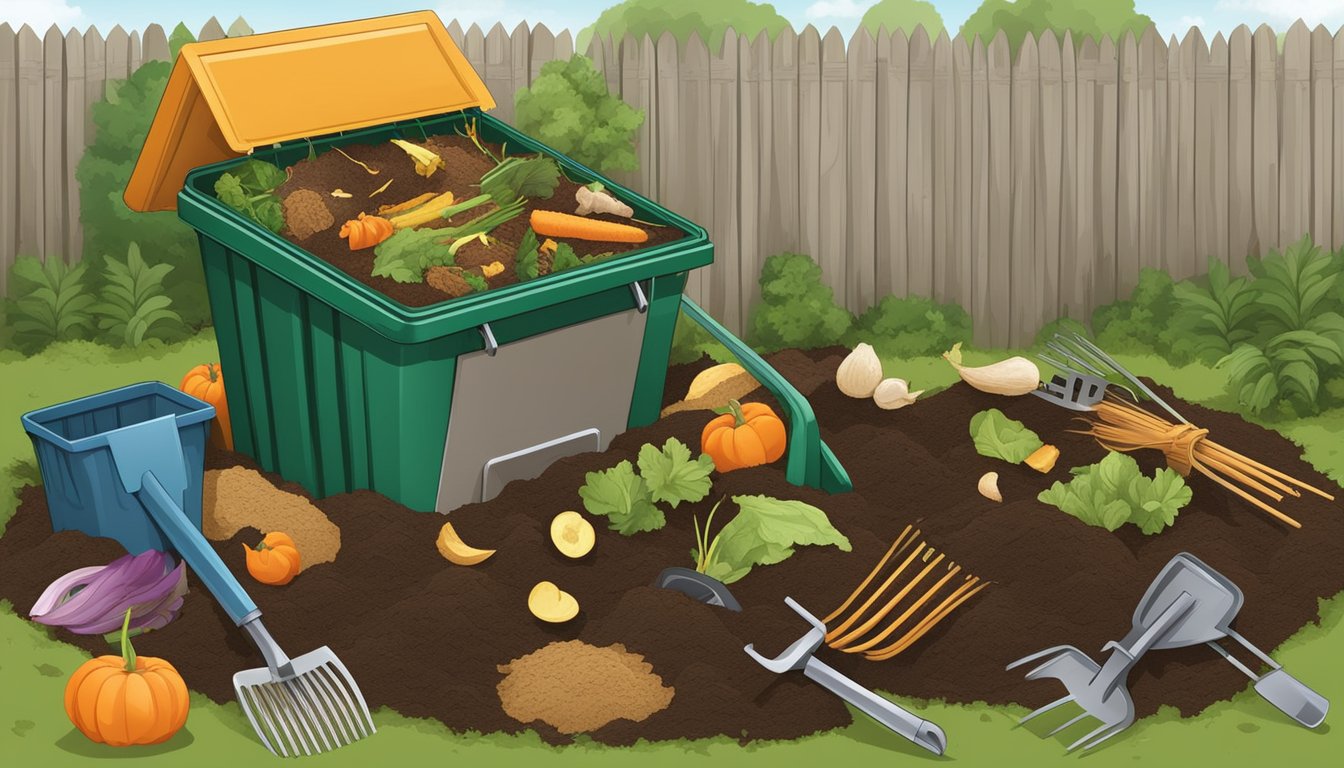 A backyard compost bin surrounded by a variety of food scraps, yard waste, and soil, with a shovel and pitchfork nearby