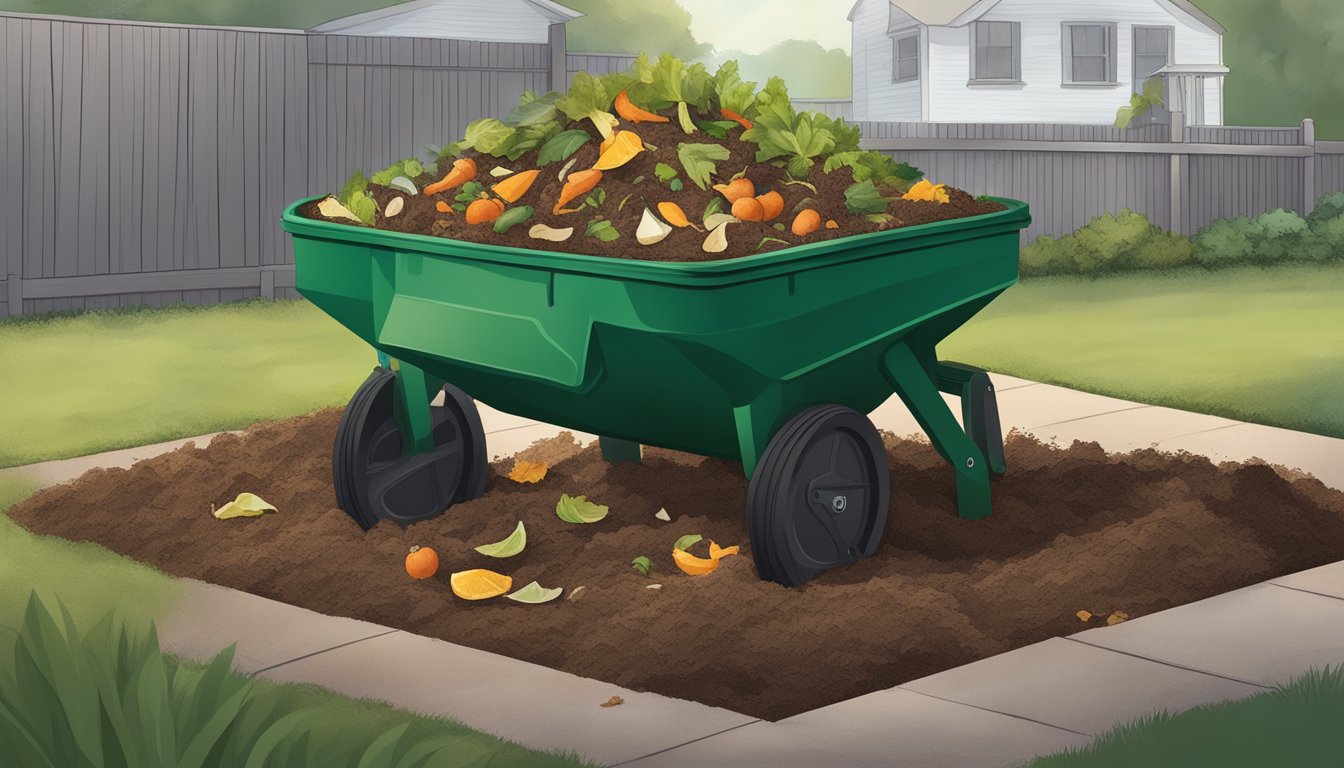 A backyard compost pile with a mix of food scraps, yard waste, and soil in Wilmington, NC. A compost bin sits nearby