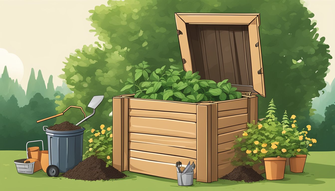 A backyard compost bin surrounded by greenery and garden tools in a suburban setting