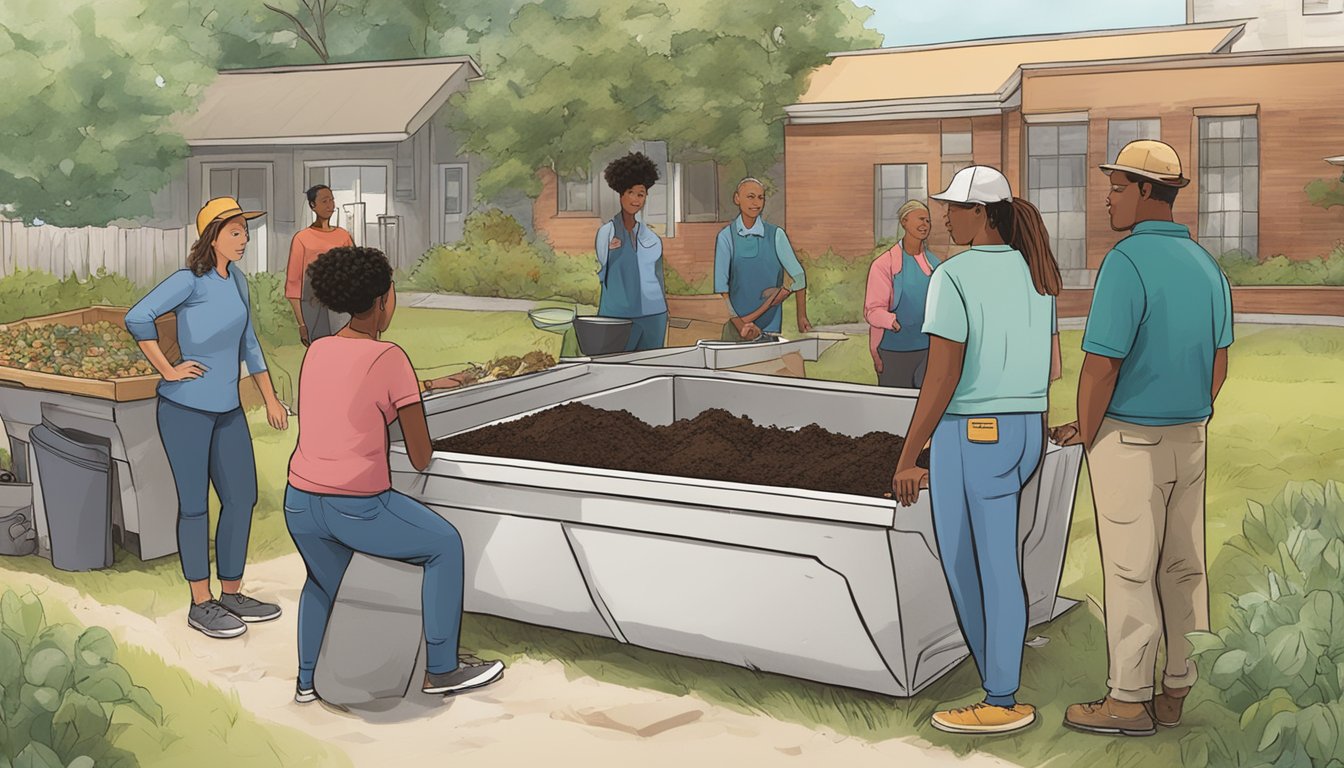 A group of people in Durham, NC, are gathered around a composting demonstration, learning about the process and its benefits. They are engaged and enthusiastic, with compost bins and educational materials nearby