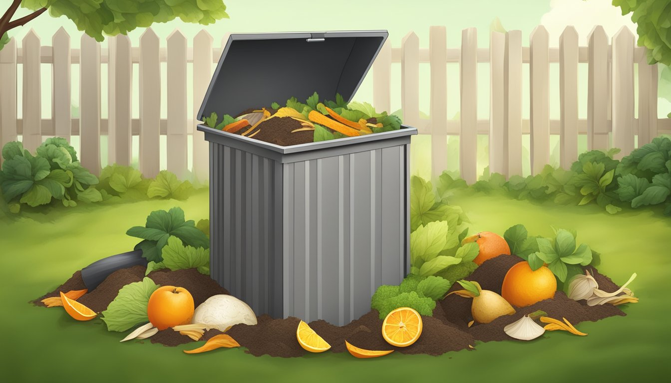 A backyard compost bin surrounded by a variety of organic waste, including fruit peels, vegetable scraps, and yard clippings