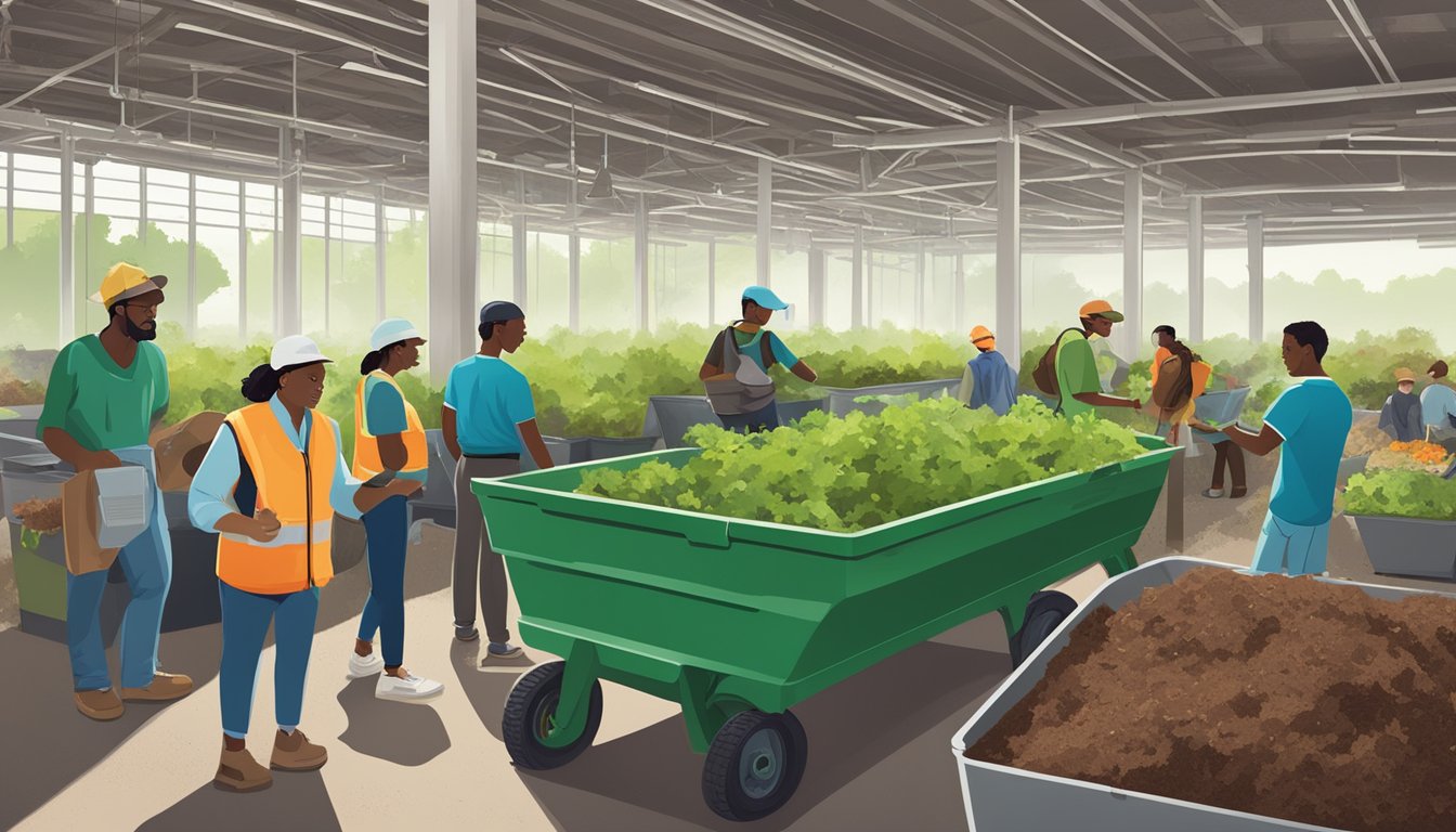 A diverse group of people in Durham, NC, are actively composting organic waste in a public composting facility, surrounded by bins, tools, and greenery