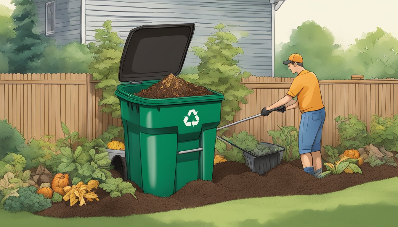 A person placing food scraps and yard waste into a compost bin in a backyard garden in Manchester, NH