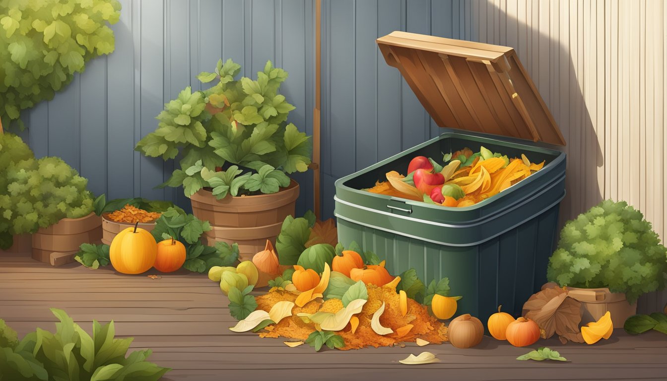 A backyard compost bin surrounded by a variety of organic materials such as fruit peels, vegetable scraps, and dried leaves