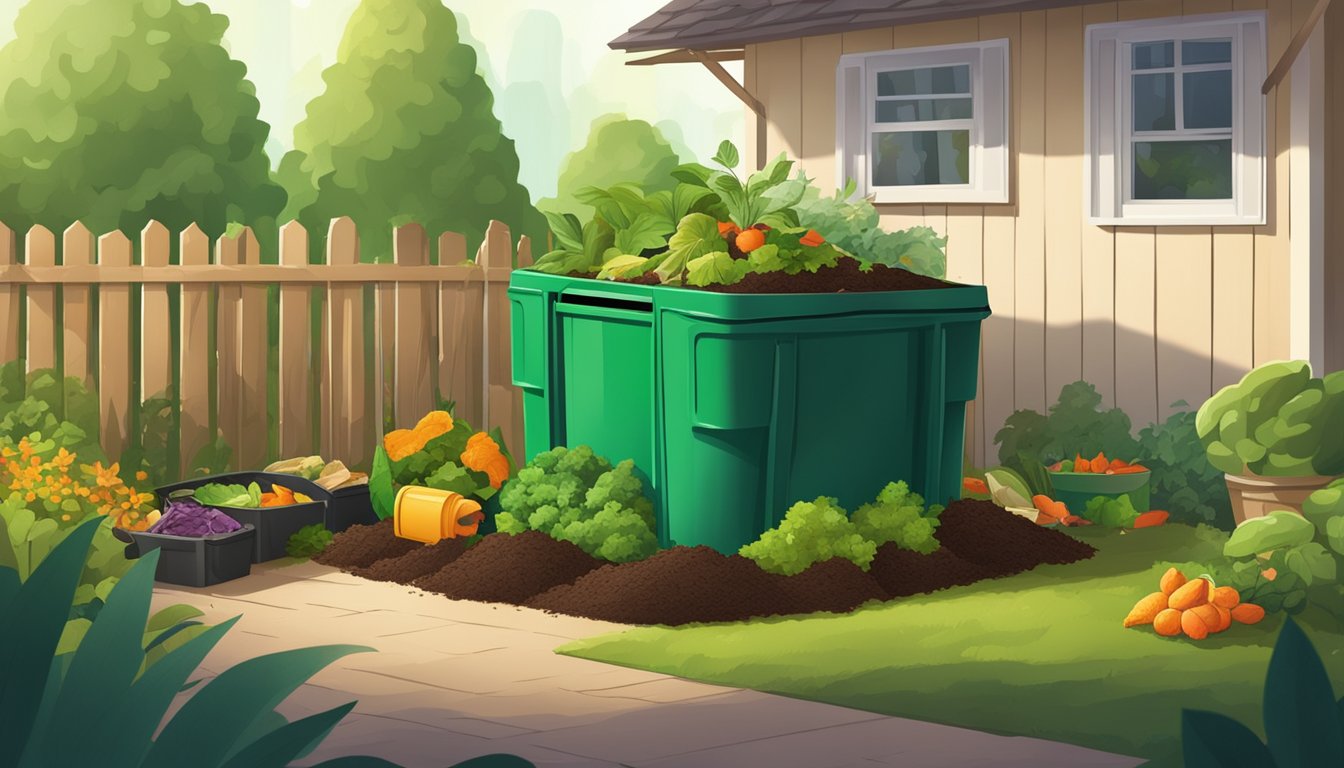 A backyard compost bin surrounded by a variety of organic waste, with a small garden in the background and a recycling bin nearby