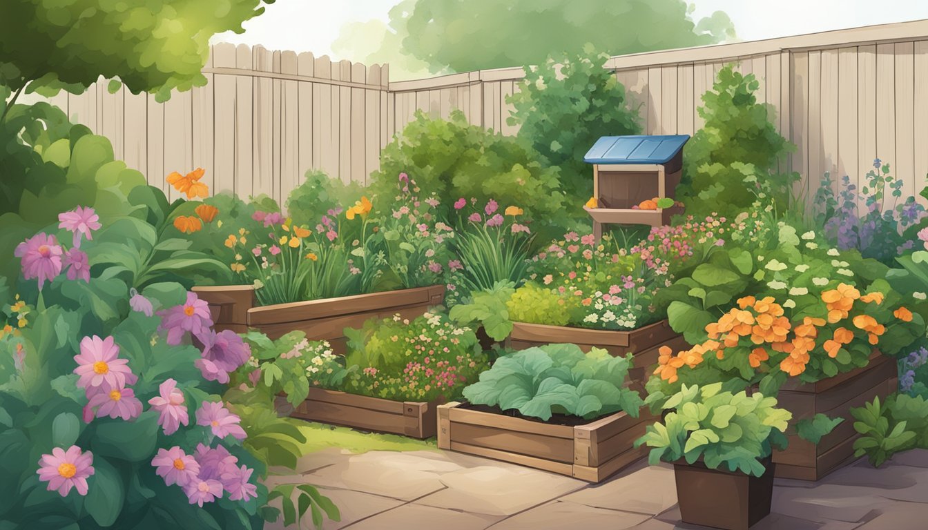 A lush backyard garden with a compost bin, filled with food scraps and yard waste, surrounded by thriving plants and flowers