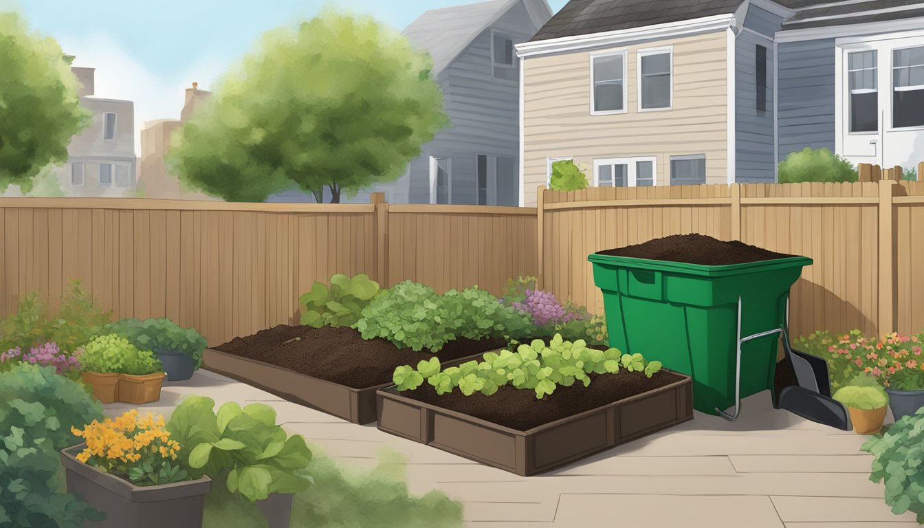 A backyard garden in Jersey City, NJ with a compost bin, green and brown organic waste, and a shovel