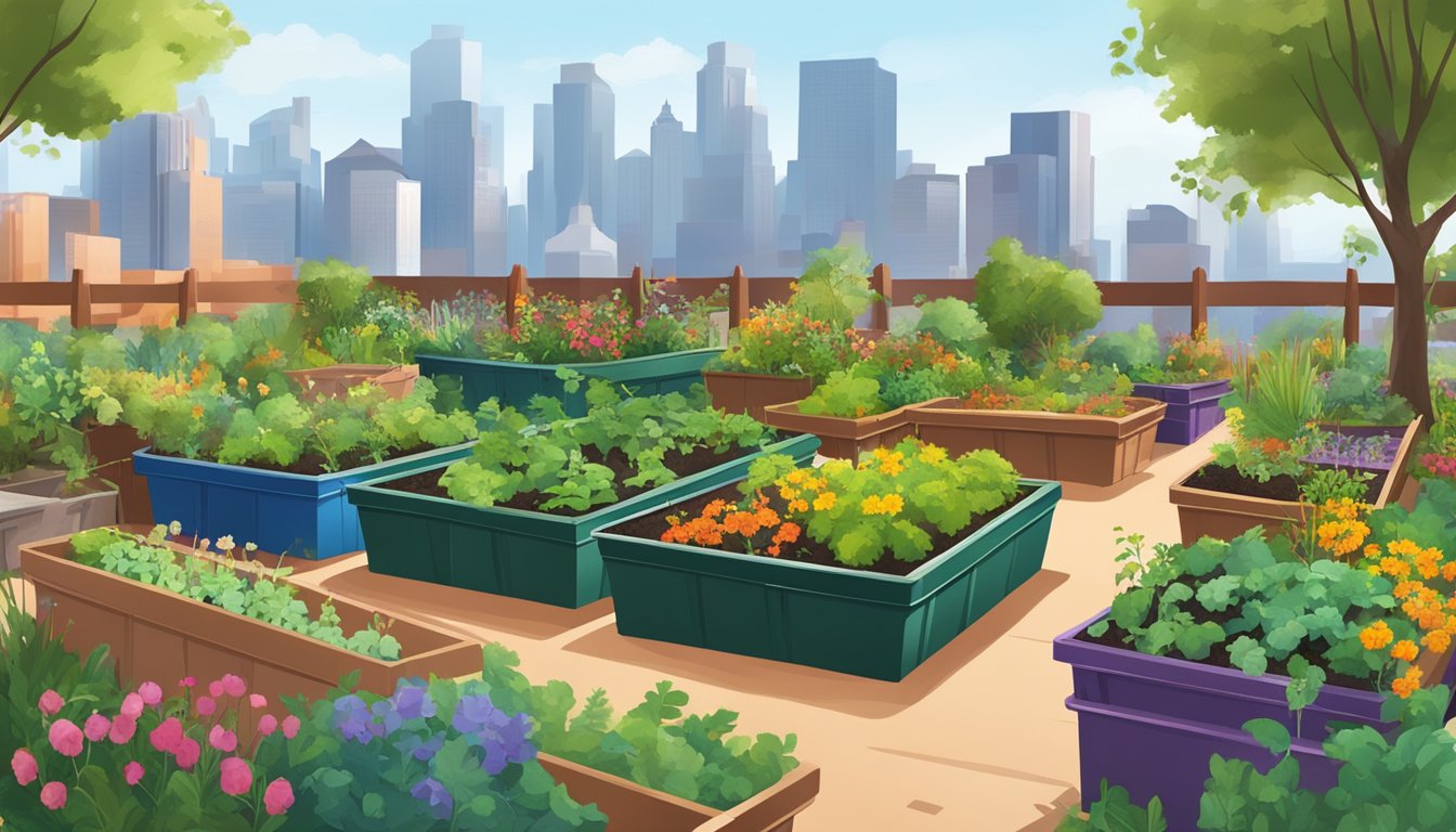 A vibrant community garden with compost bins, diverse plant life, and a city skyline in the background